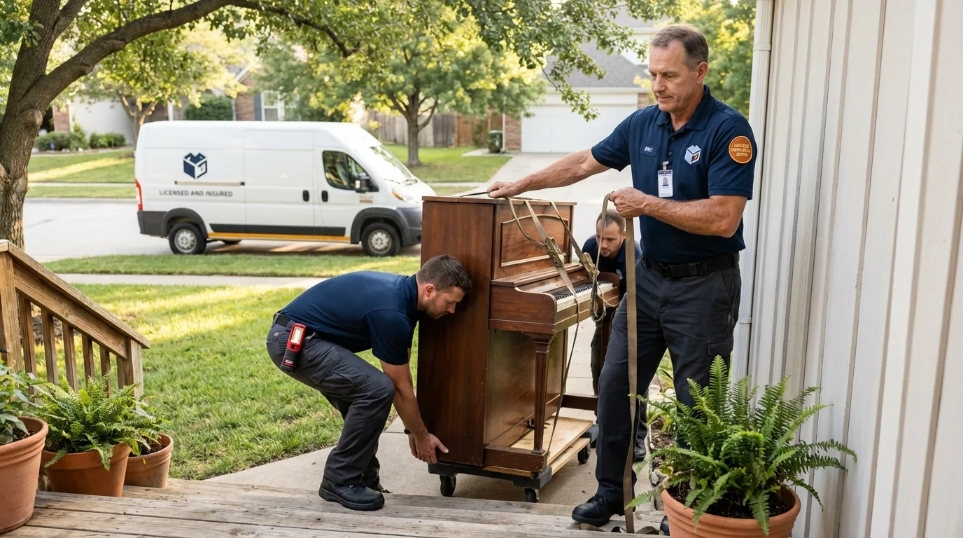 Licensed piano movers securing grand piano in Callahan, FL