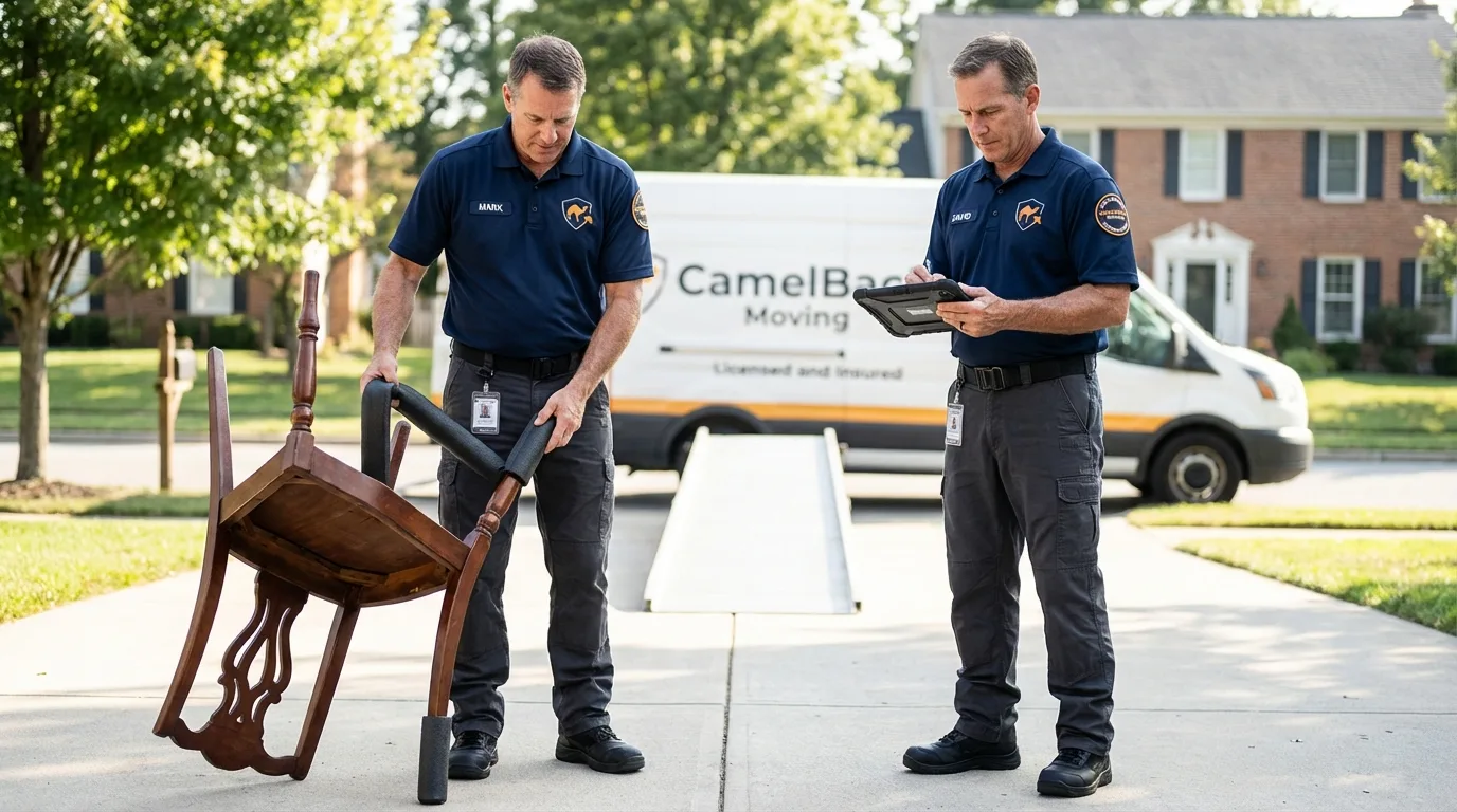 Movers inspecting furniture for damage prevention before loading in Callahan, FL